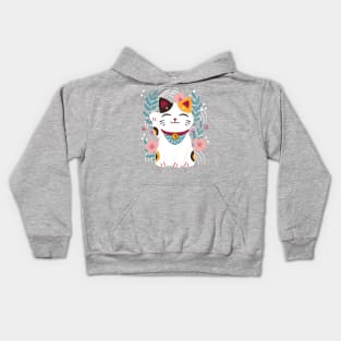 Japanese Lucky Cat With Cherry Blossoms Kids Hoodie